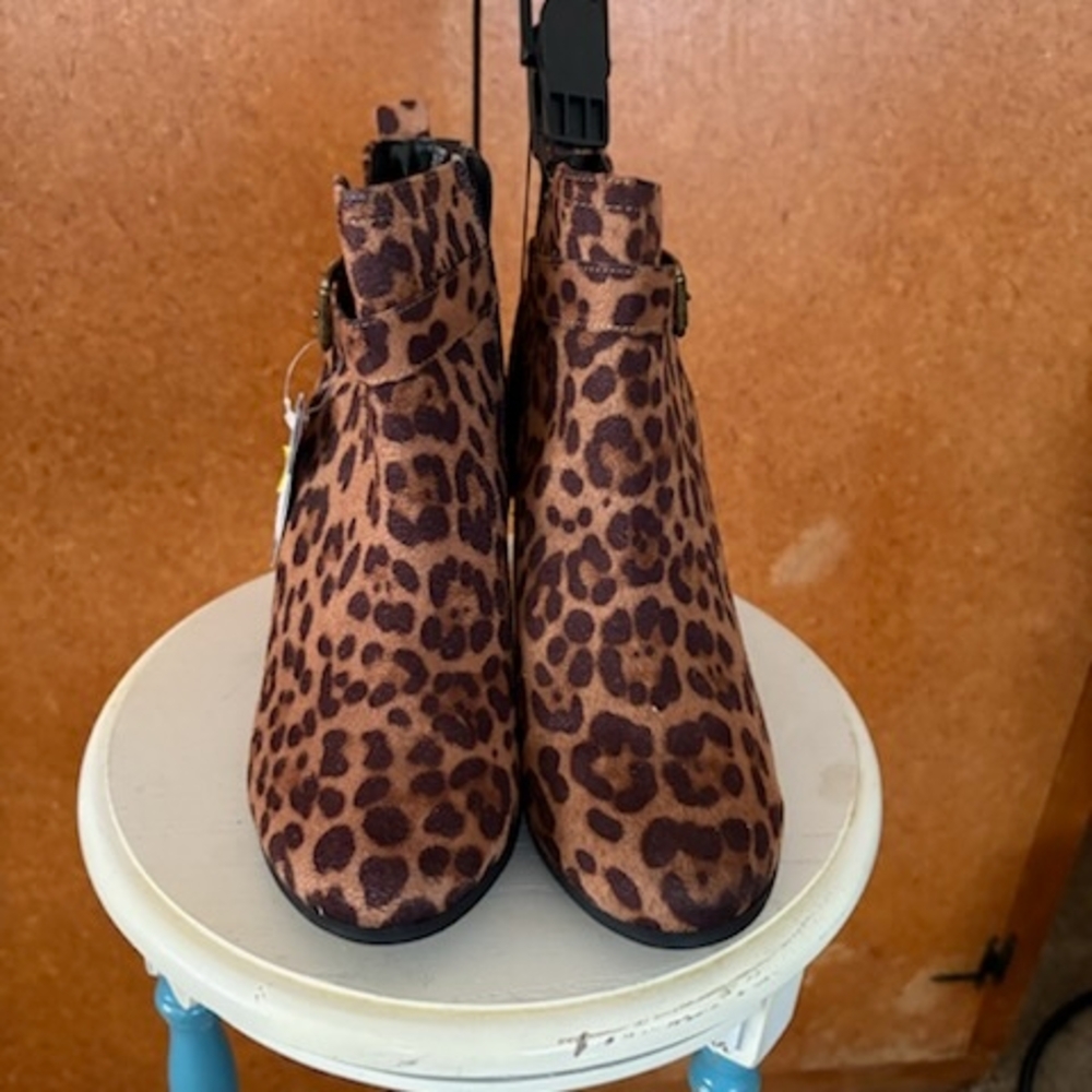 Brown Suede Ankle Booties with Leopard Print